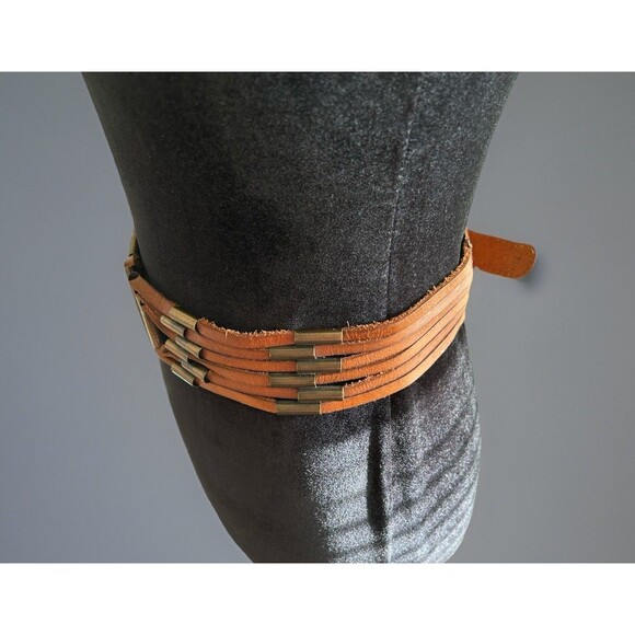 Lucky Penny Leather Belt Brass Beads Back Buckle Size Medium Bohemian - Picture 2 of 7